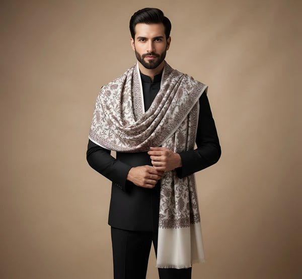 Mir-e-Khas Men's Kashmir-Inspired Jamawar Floral Paisley Vine White Shawl