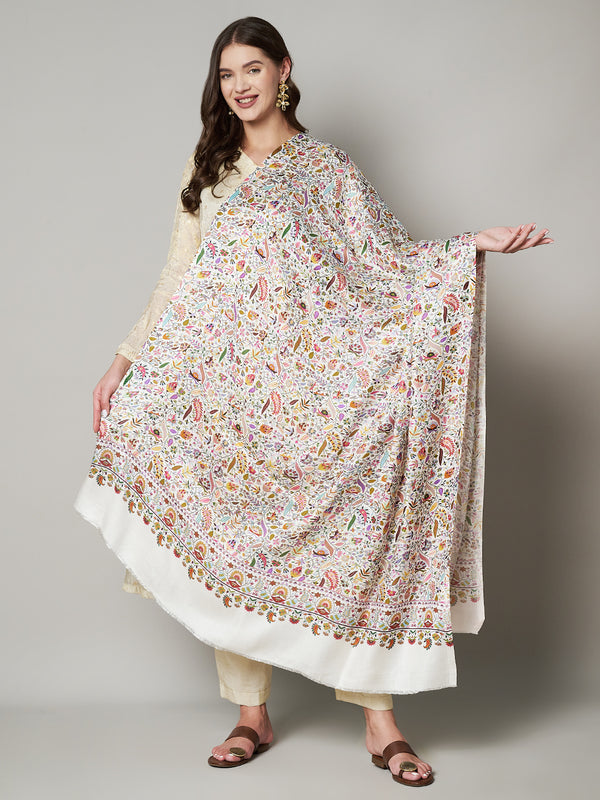 Printed Bamboo Silk Women Shawl – White Floral Statement Wrap (80 x 40 Inches)