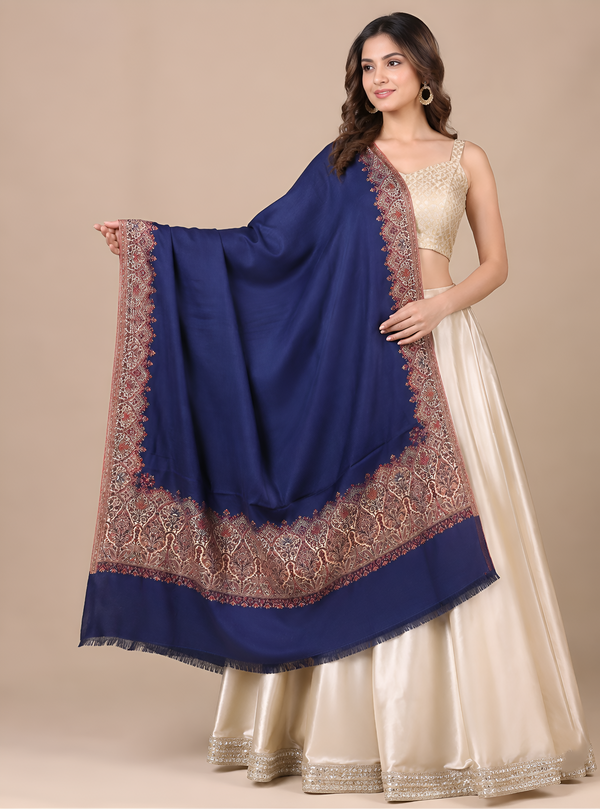 Naqsh-e-Kashmir Woven Kani Jacquard Border Blue Shawl | Wool Blend