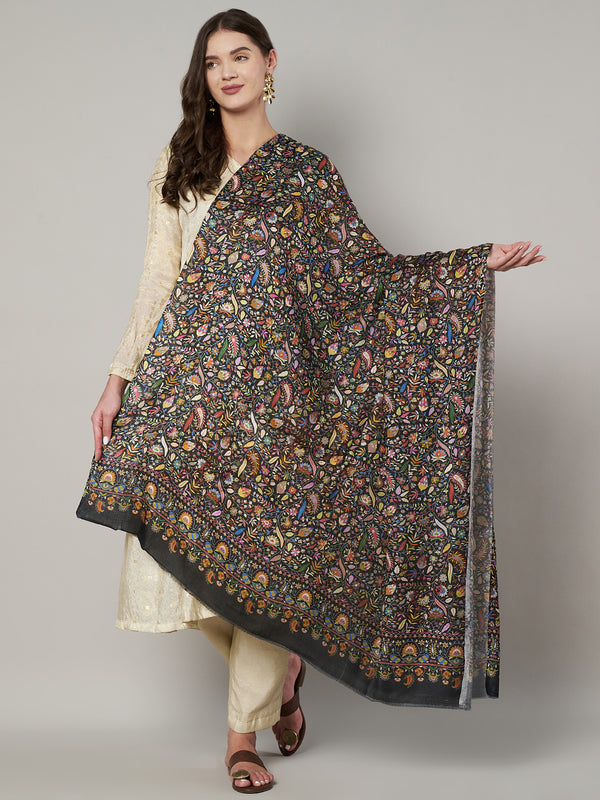 Printed Bamboo Silk Women Shawl – Black Floral Statement Wrap (80 x 40 Inches)