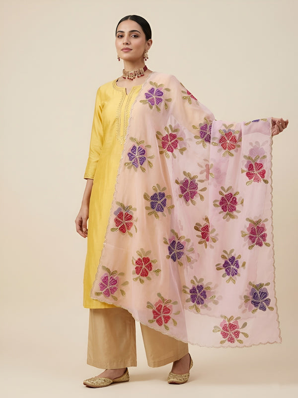 Luxe Organza Womens Pink Dupatta with Floral Brush Print Embellishment