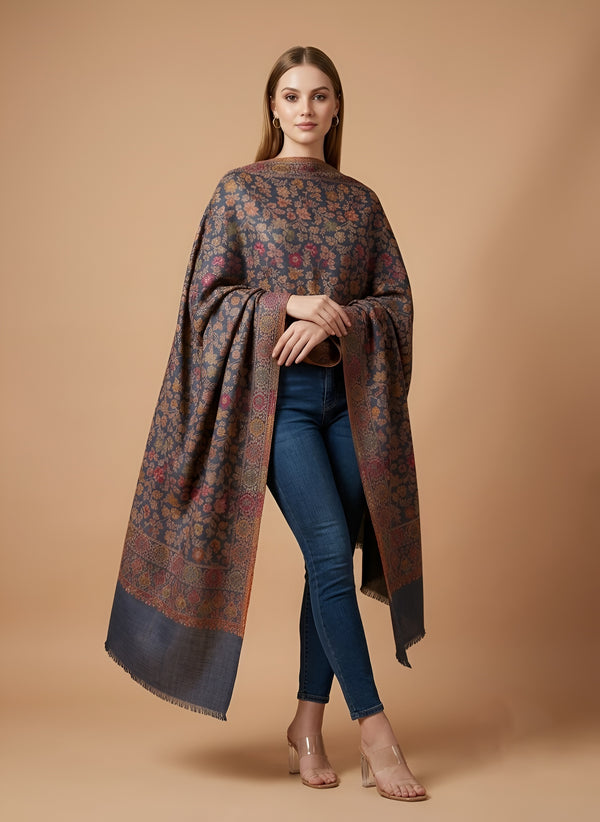 Regal Floral & Paisley Kani Weave Wool Blend Grey Stole