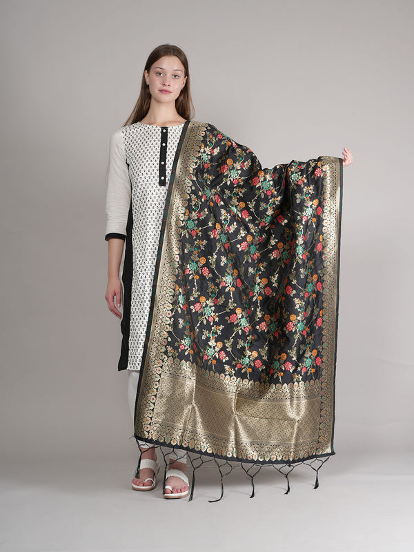 Black Paithani Silk Dupatta with Multicolour Floral Zari Weave (Size: 2.5x1 m Approx)