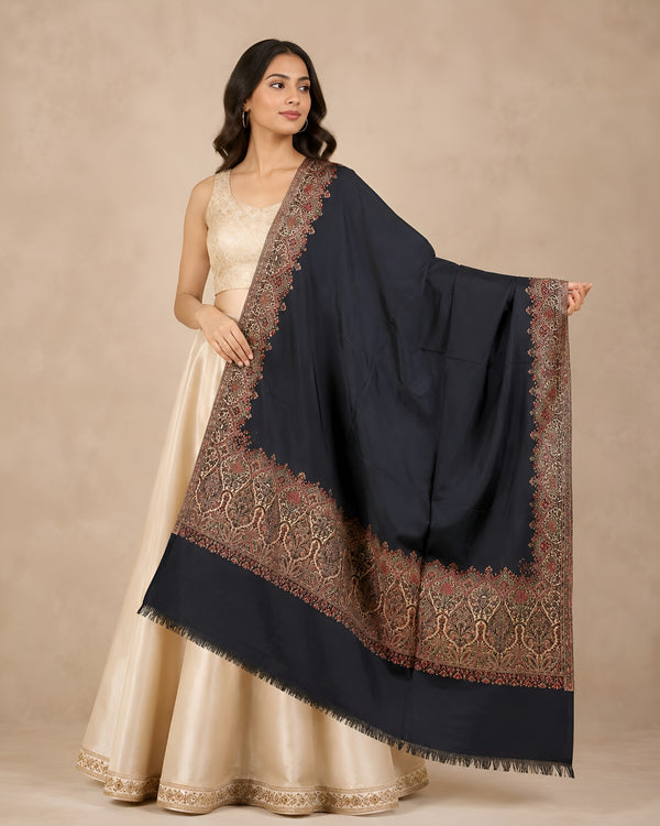 Naqsh-e-Kashmir Woven Kani Jacquard Border Black Shawl | Wool Blend