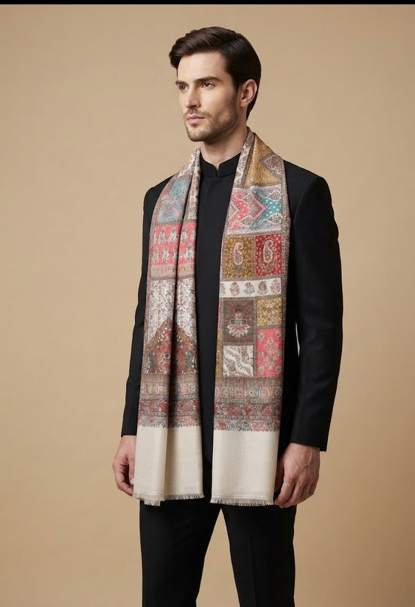 Noble Mens Patchwork Kani Jacquard Woven White Stole