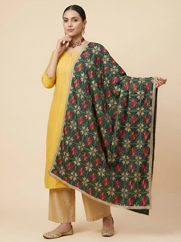 Luxe Chinon Women Phulkari Green Dupatta with Lace Border & Traditional Motif Work