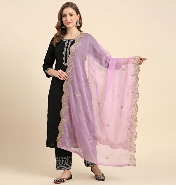 Pink Organza Women Dupatta – Scalloped Cutwork Border with Buti Work