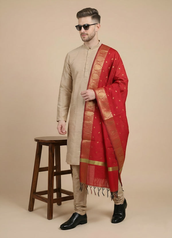 Banarasi Silk Mens Dupatta – Red with Zari Buta & Border Work