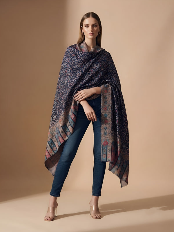 Everday Bamboo Silk Floral Kalamkari Printed Blue Stole