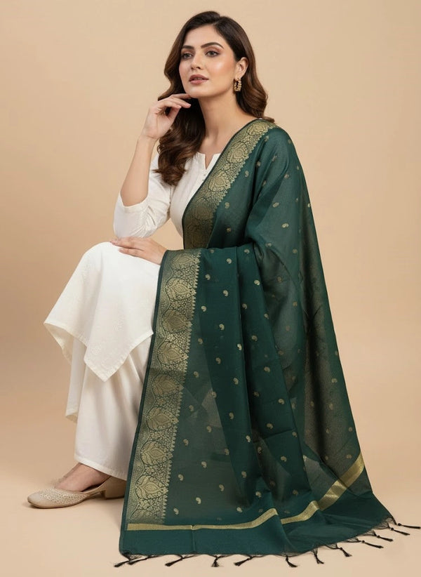 Green Woven Ethnic Motif Dupatta | Elegant Traditional Drape