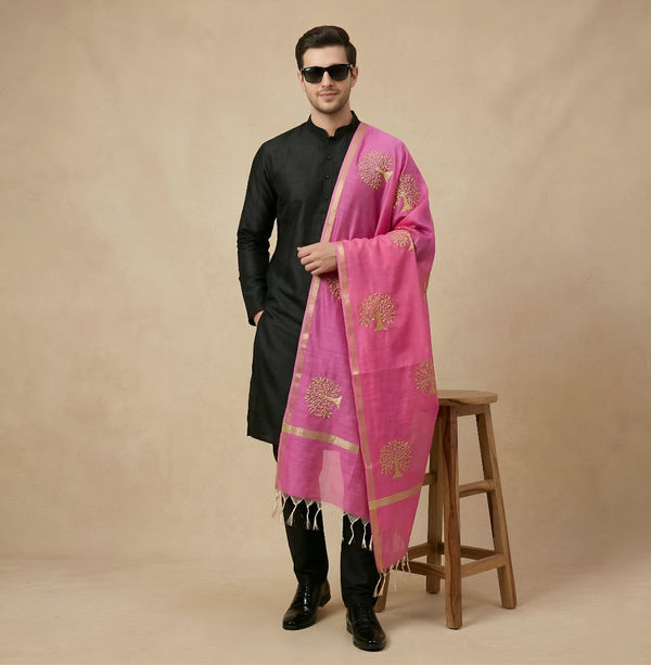 Organza Zari Buta Mens Dupatta – Pink Tone with Gold Woven Design