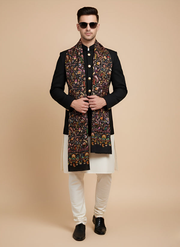 Printed Bamboo Silk Mens Shawl – Black Floral Classic Wrap (80 x 40 Inches)