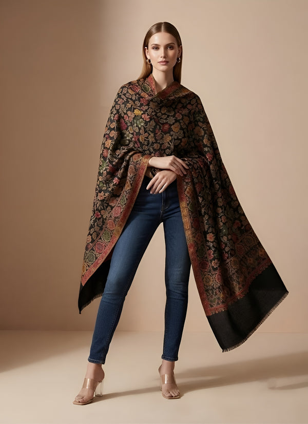 Regal Floral & Paisley Kani Weave Wool Blend Black Stole
