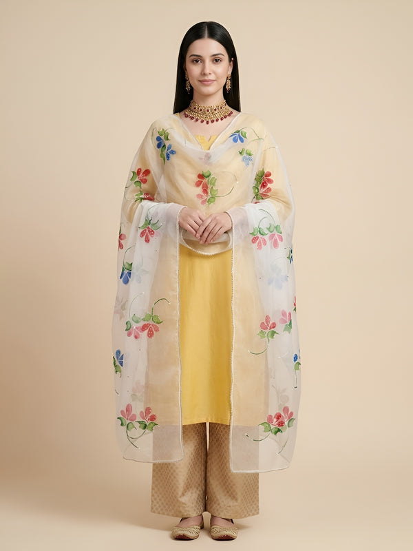 Luxe Organza Women White Dupatta with Handbrush Floral Art & Beads