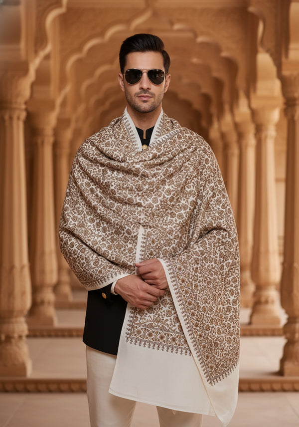 Woolen Mens Shawl with Intricate Traditional Motif & Ornate Woven Border | 80 x 40 Inches
