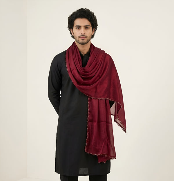 Nazneen Chiffon Mens Dupatta – Solid Wine with Elegant Lace Border