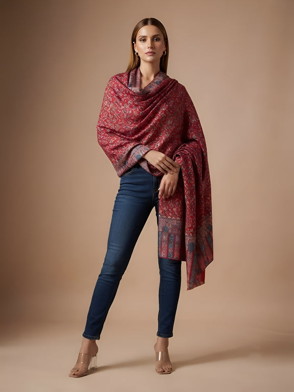 Everday Bamboo Silk Floral Kalamkari Printed Red Stole