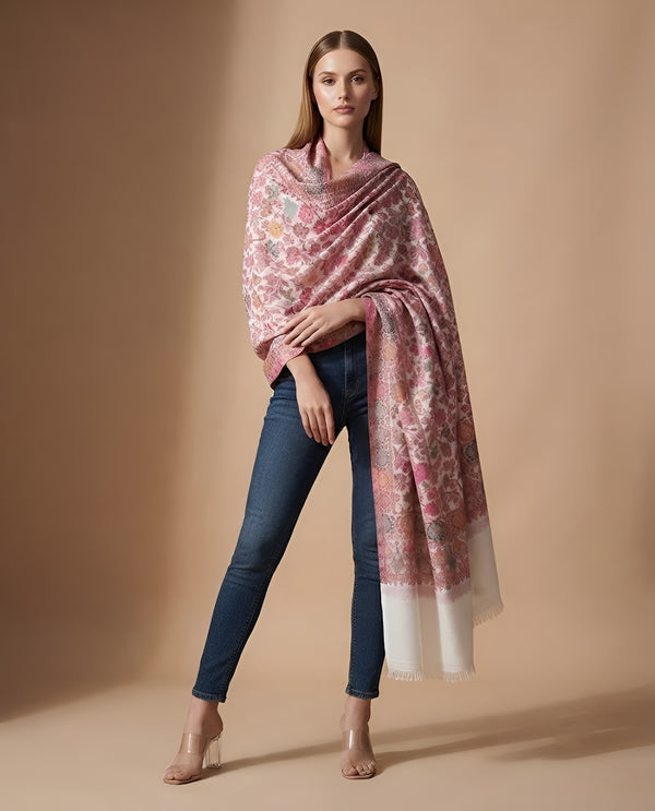 Regal Floral & Paisley Kani Weave Wool Blend White Stole