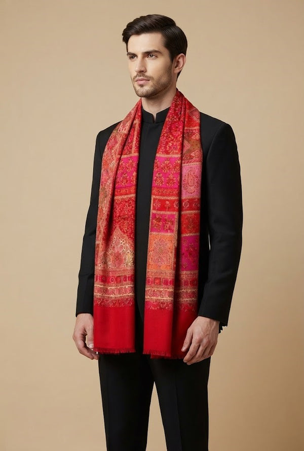 Noble Mens Patchwork Kani Jacquard Woven Red Stole