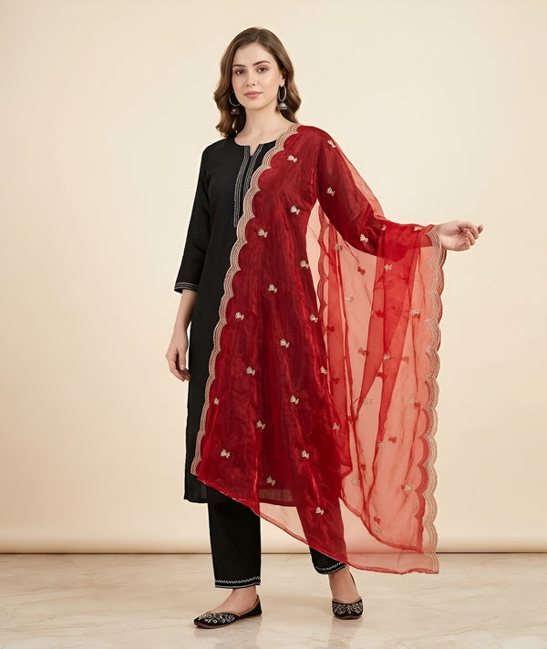 Designer Twill Net Women Red Dupatta with 2 Side Scalloped Border & Buti Embellishment