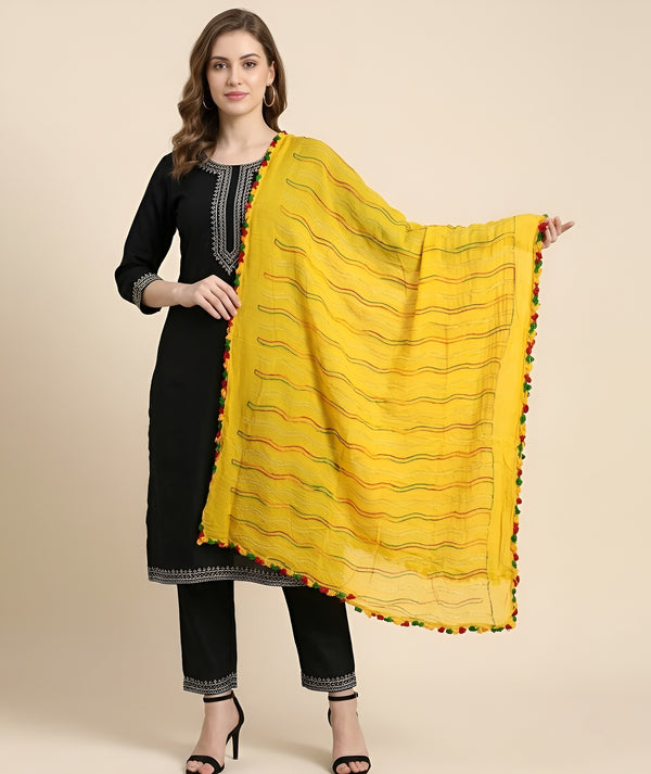 Yellow Nazneen Chiffon Dupatta with Multicolor Stripes & Pom Pom Border
