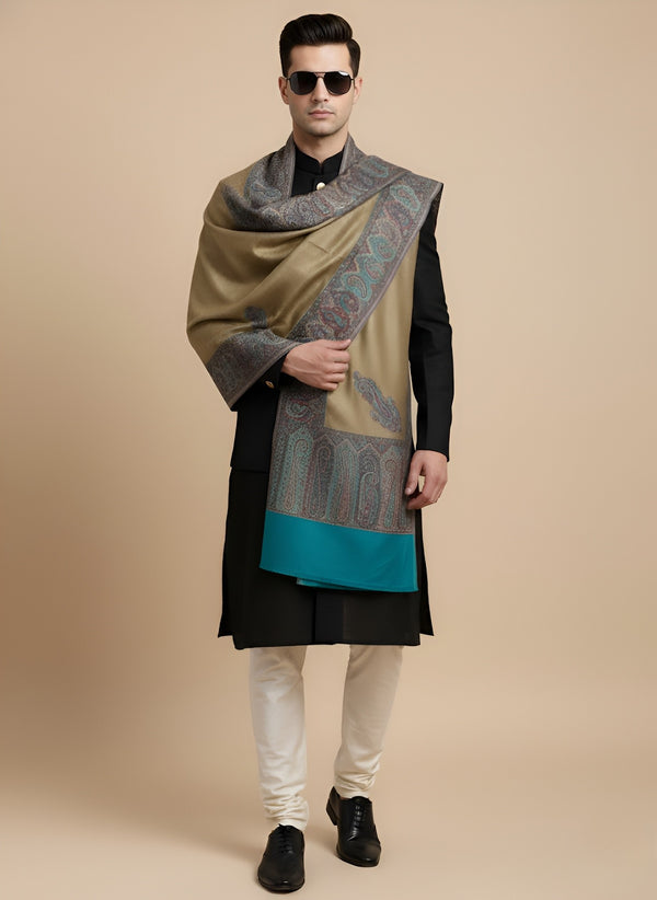 Bamboo Silk Gold Mens Shawl with Ornate Paisley Border | Classic Heritage Wrap (80 × 40 Inches)