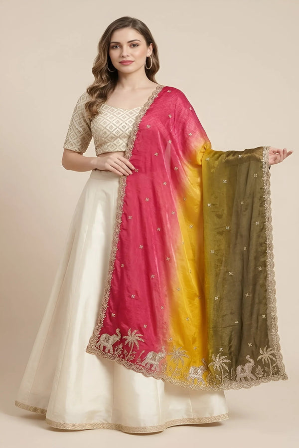 Luxe Fendi Womens Yellow Dupatta with Heritage Zari Buti & Elephant Work
