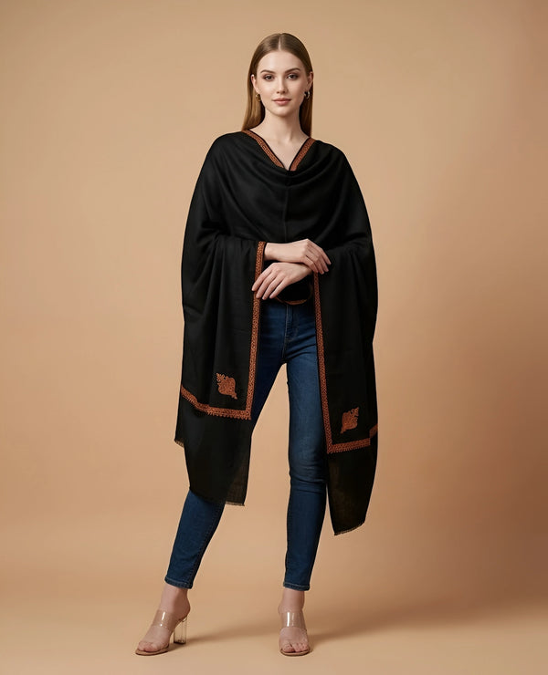 Regal Woven Border Accent Corner Wool Blend Black Stole| Kashmiri Inspired