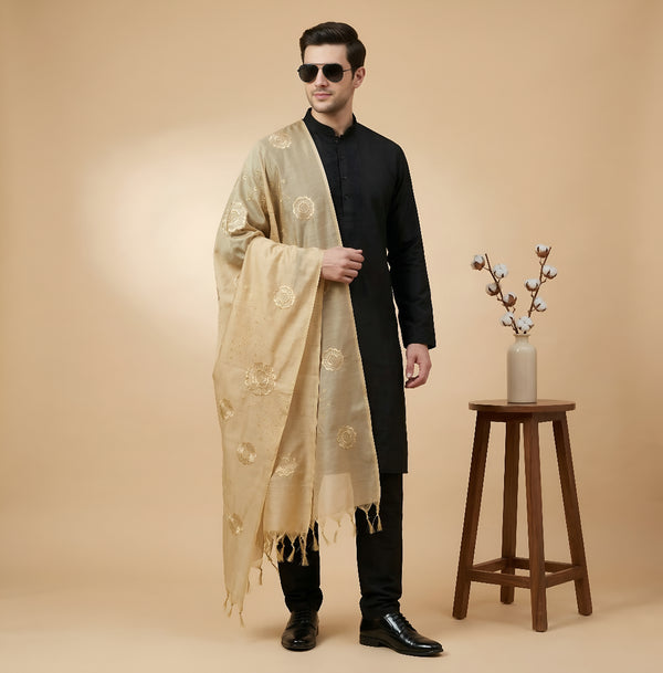 Cotton Embroidered Mens Dupatta – Beige Tone with Buta Work