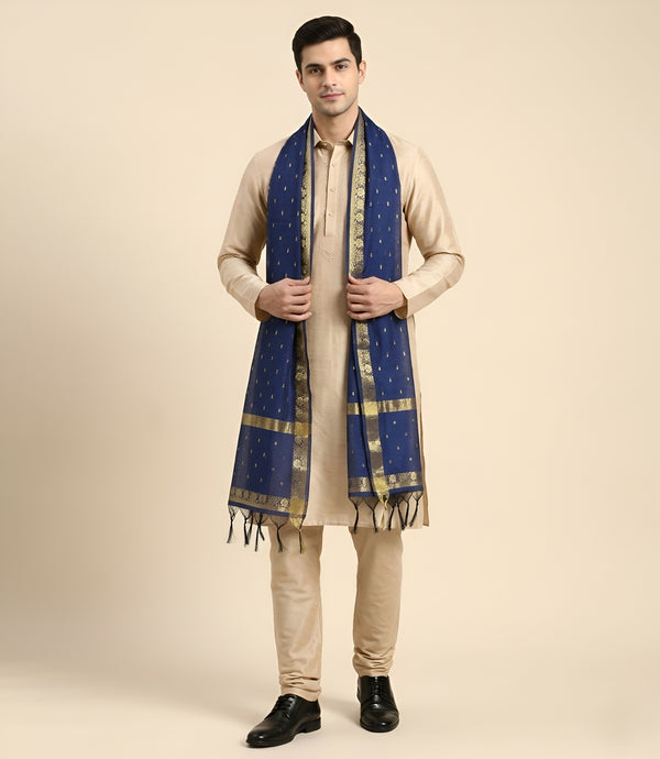 Cotton Silk Mens Dupatta – Navy Blue with Zari Buta & Border Work