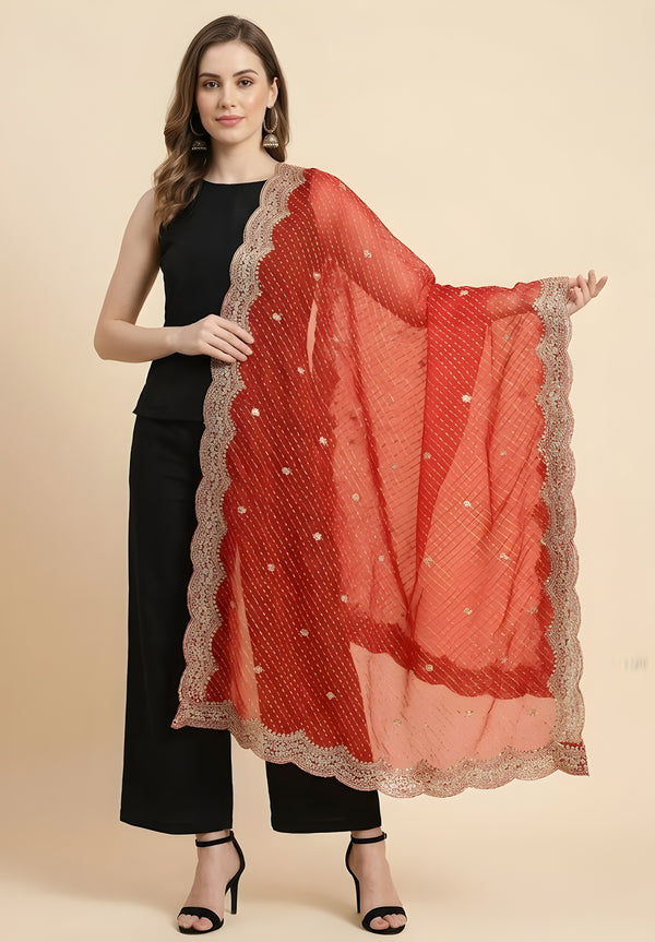 Georgette Leheriya Women Red Dupatta with Embroidered Scallop Border & Butti Work