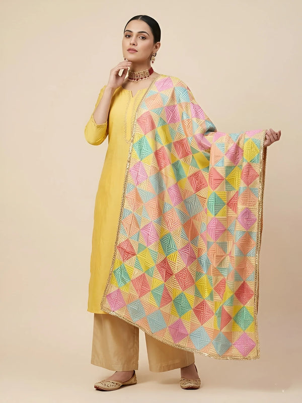Luxe Chinon Women Phulkari Mulitcolor Dupatta with Geometric Thread Work & Lace Border