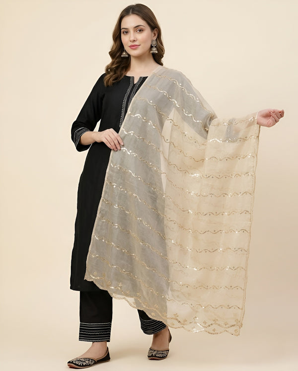 Net Cream Dupatta with Twill Zari Sequin Wave Work