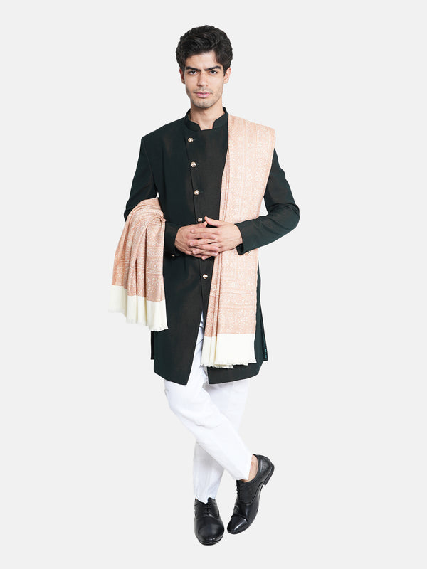 White Jamawar Wool Blend Mens Shawl with Intricate Paisley Weave – 80×40 Inches