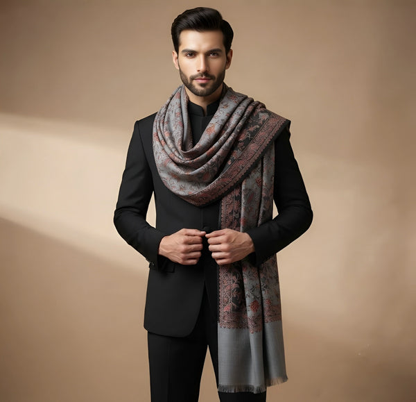 Mir-e-Khas Men's Kashmir-Inspired Jamawar Floral Paisley Vine Grey Shawl