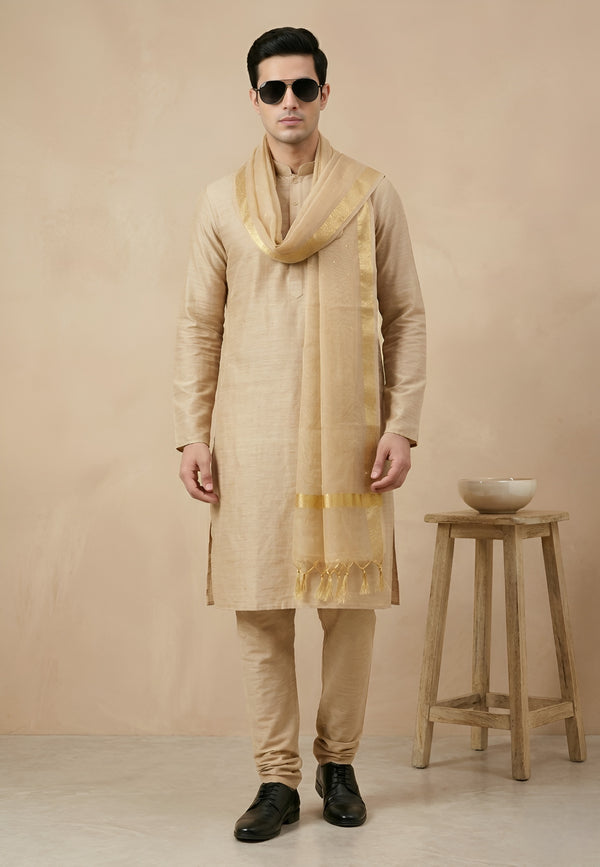 Cotton Silk Mens Dupatta – Gold with Zari Buta & Border Work