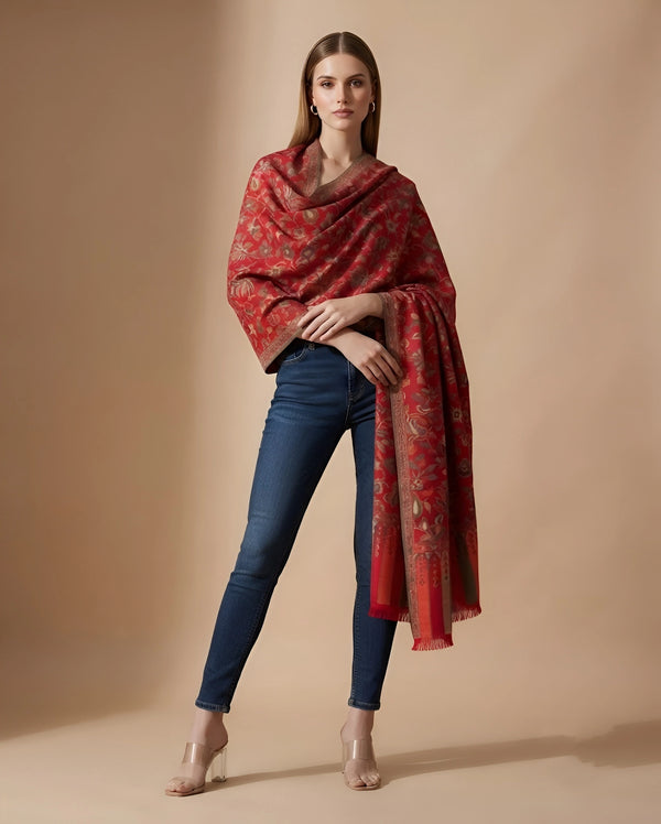 Regal Kani Weave All-Over Floral Jaal Wool Blend Red Stole | Kashmiri Inspired