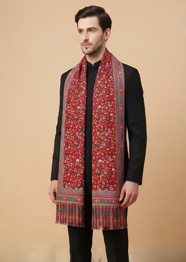 Reserve Mens All-Over Kalamkari Floral Print Bamboo Silk Red Stole
