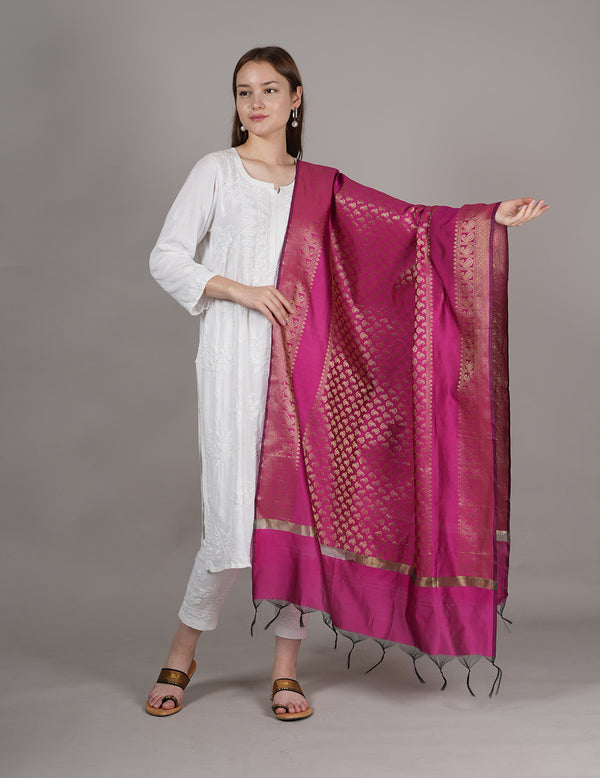 Rani Banarasi Silk Dupatta with Gold Zari Buti & Ornate Border (Size: 2.5x1 m Approx)