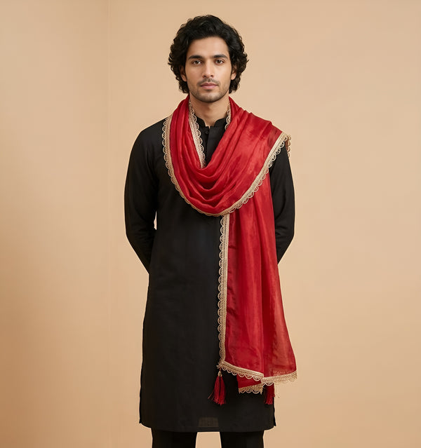 Fendi Mens Dupatta – Red Tone with Lace Border & Latkan Finish