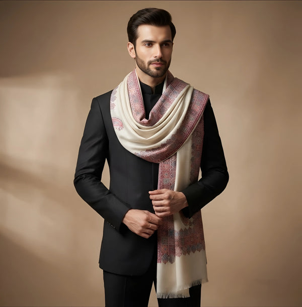 Mir-e-Khas Men's Kashmir-Inspired Kani Paisley & Geometric Border Wool Blend White Shawl