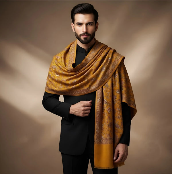 Mir-e-Khas Men's Kashmir-Inspired Jamawar Floral Paisley Vine Yellow Shawl