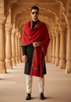 Classic Woolen Mens Shawl with Embroidered Border in Rich Maroon (80 x 40 Inches)