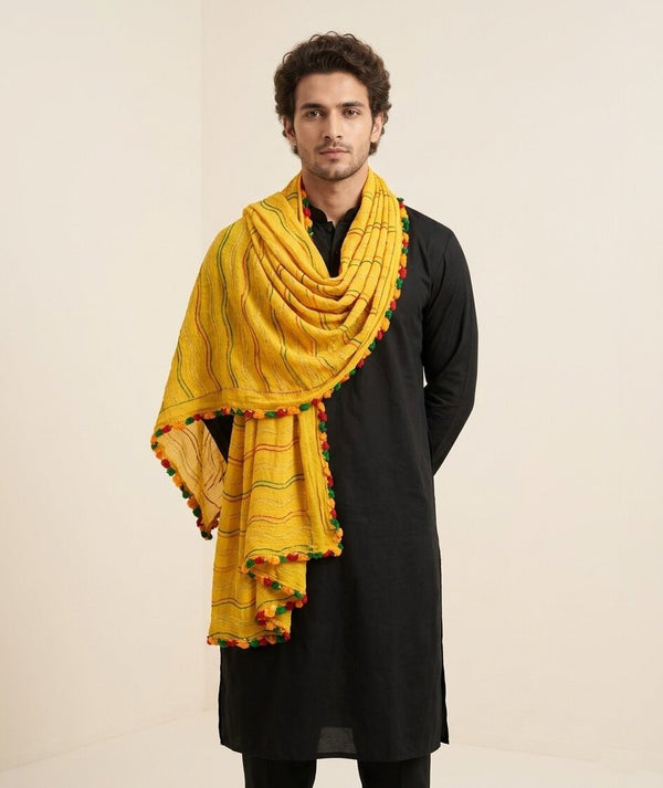 Yellow Nazneen Chiffon Mens Dupatta with Multicolor Stripes & Pom Pom
