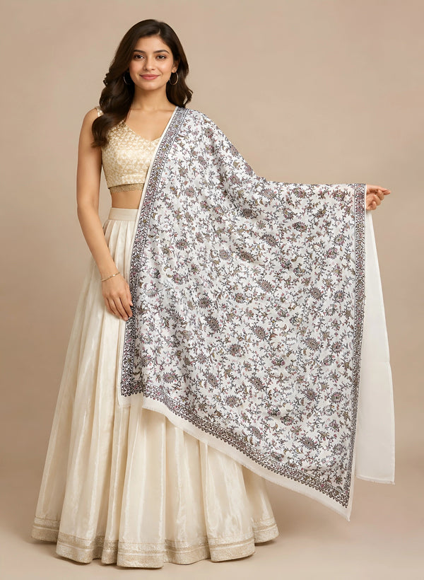 Naqsh-e-Kashmir Inspired Jamawar Floral Paisley Vine Wool Blend White Shawl
