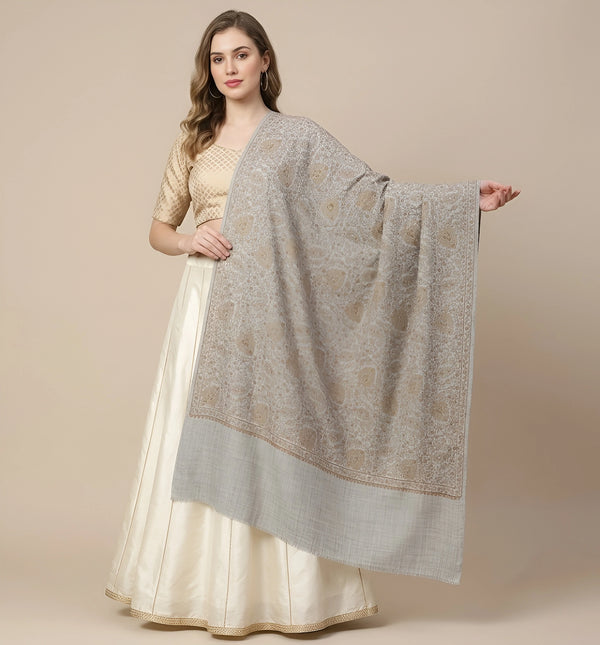 Naqsh-e-Kashmir Sozni Jaal Embroidered Grey Shawl | Traditional Kashmiri Wool Blend