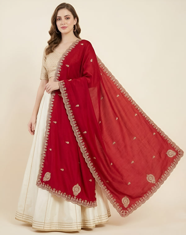 Luxe Vichitra Women Rani Dupatta with 4 Side Scalloped Embroidered Border & Buti Embellishment