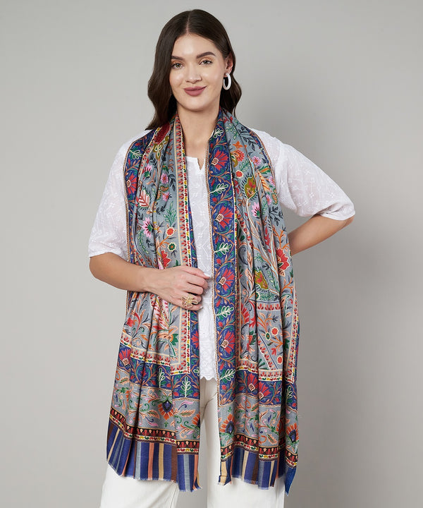 Signature Kashmiri Print & Thread Work Bamboo Silk Stole for Women