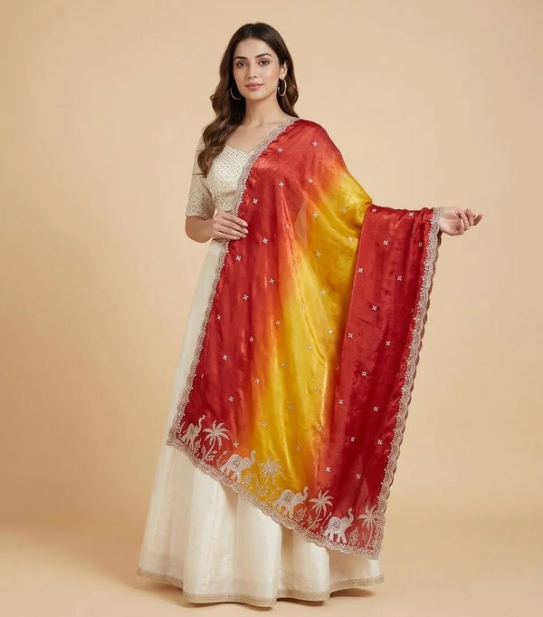 Luxe Fendi Womens Orange Dupatta with Heritage Zari Buti & Elephant Work