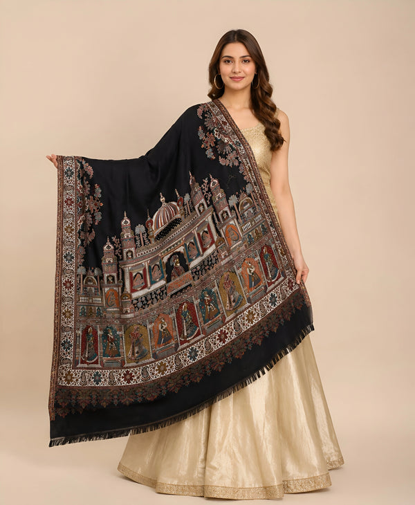 Naqsh-e-Kashmir Inspired Mughal Palace Scenic Jacquard Woven Black Shawl with Zari Work